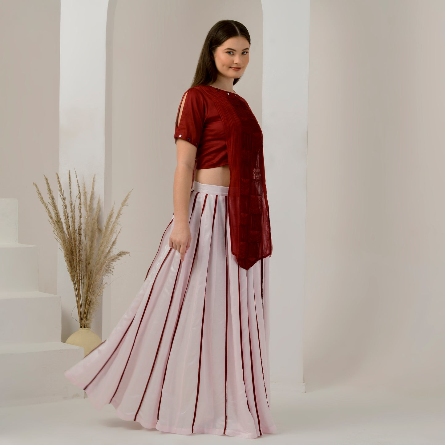 Pink and Red Hand Embroidered Asymmetric Top and Pleated Skirt Set