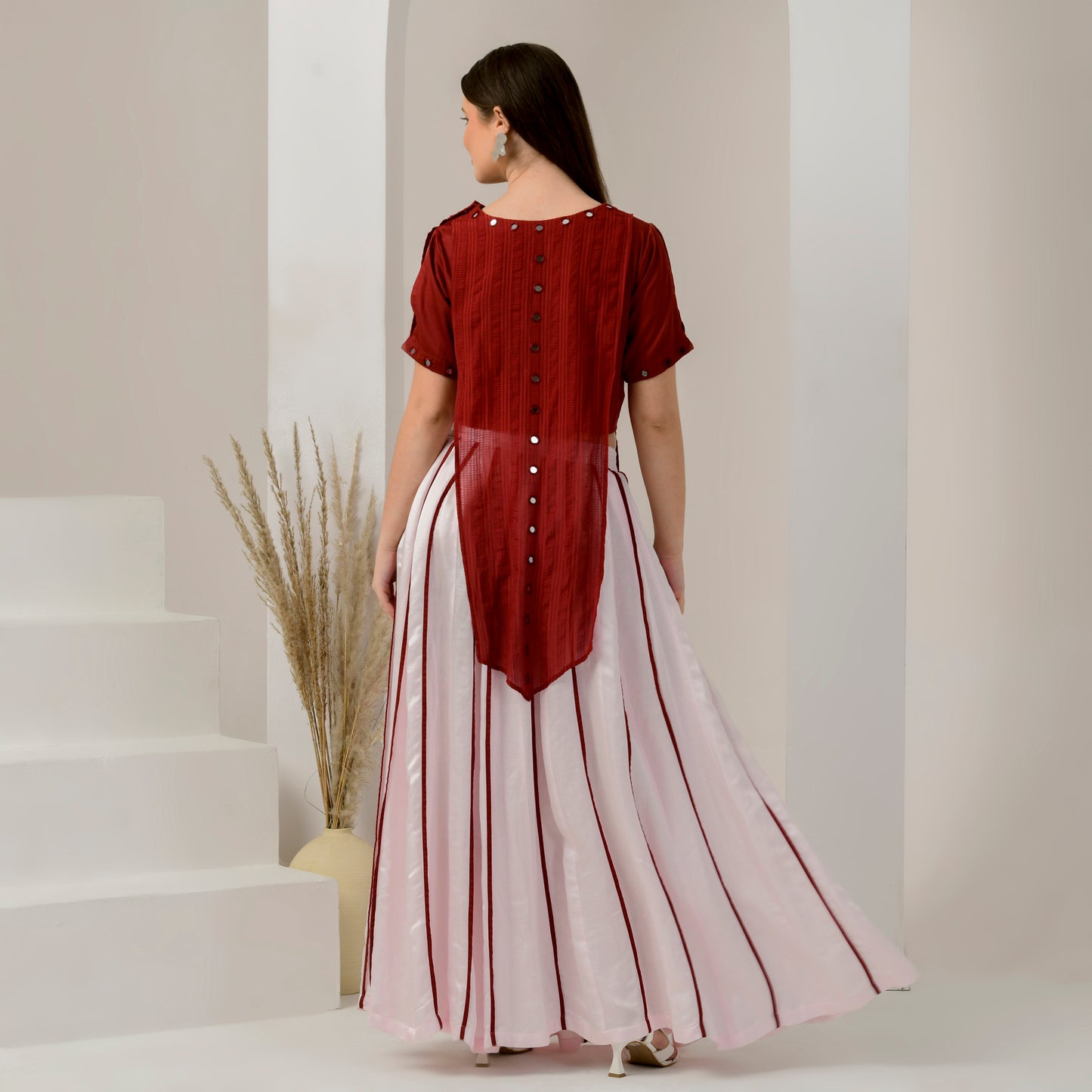 Pink and Red Hand Embroidered Asymmetric Top and Pleated Skirt Set