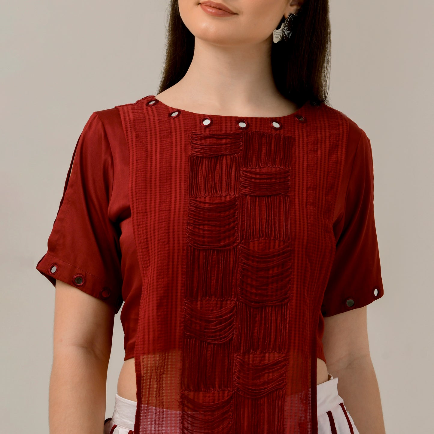 Pink and Red Hand Embroidered Asymmetric Top and Pleated Skirt Set