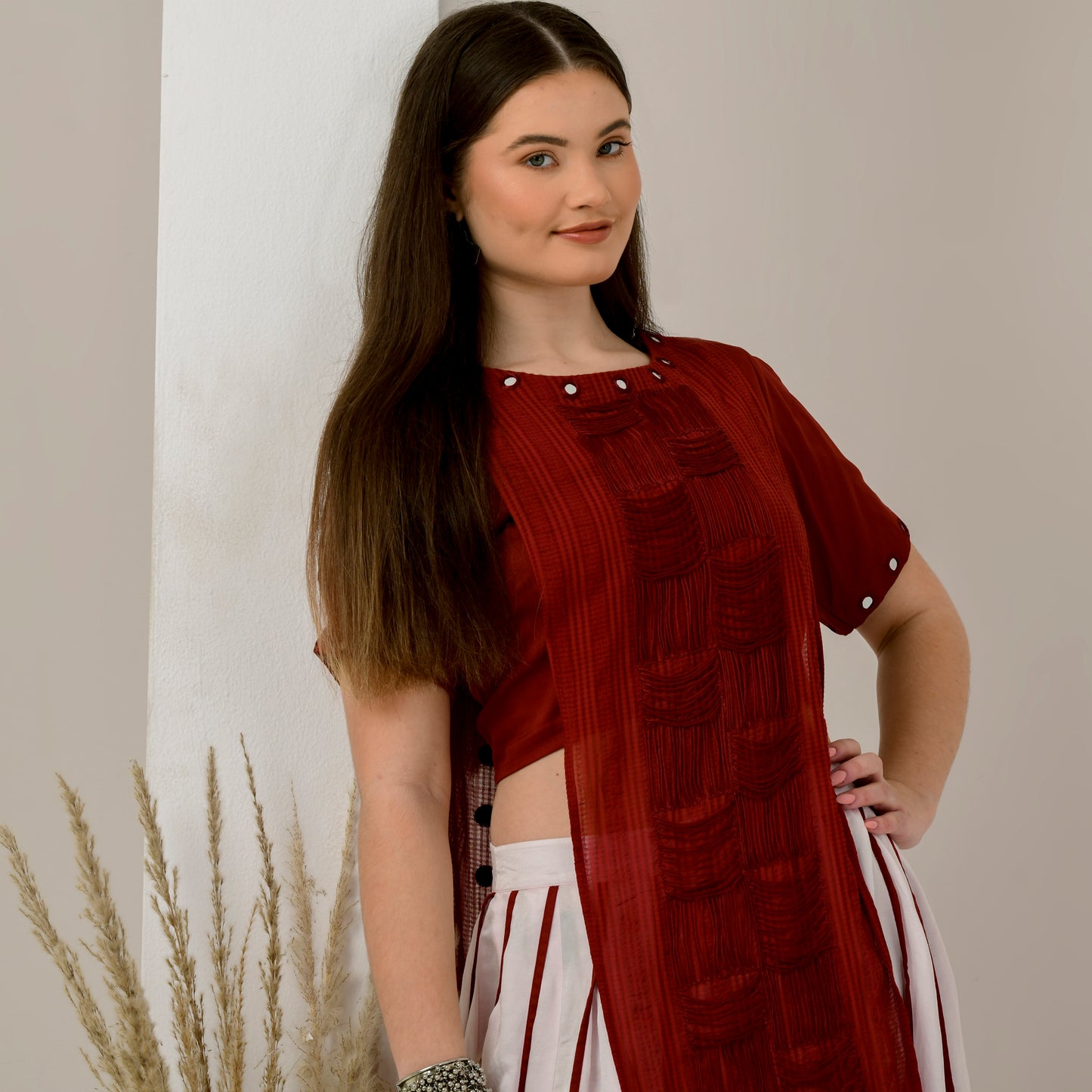 Pink and Red Hand Embroidered Asymmetric Top and Pleated Skirt Set