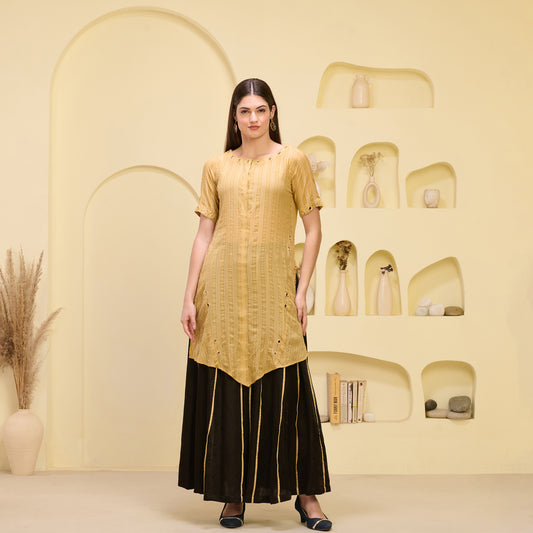 Golden and Black Mirror Hand Embroidered Asymmetric Kurta and Wide Leg Pleated Palazzo Set