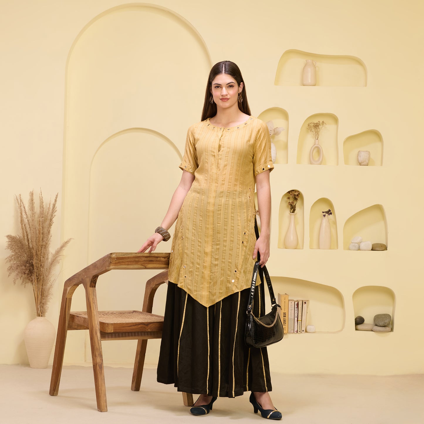 Golden and Black Mirror Hand Embroidered Asymmetric Kurta and Wide Leg Pleated Palazzo Set