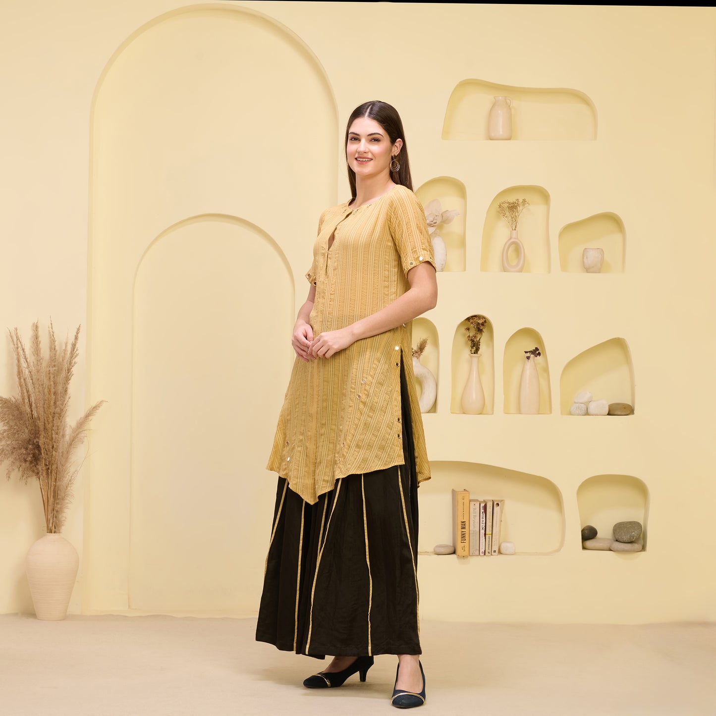 Golden and Black Mirror Hand Embroidered Asymmetric Kurta and Wide Leg Pleated Palazzo Set