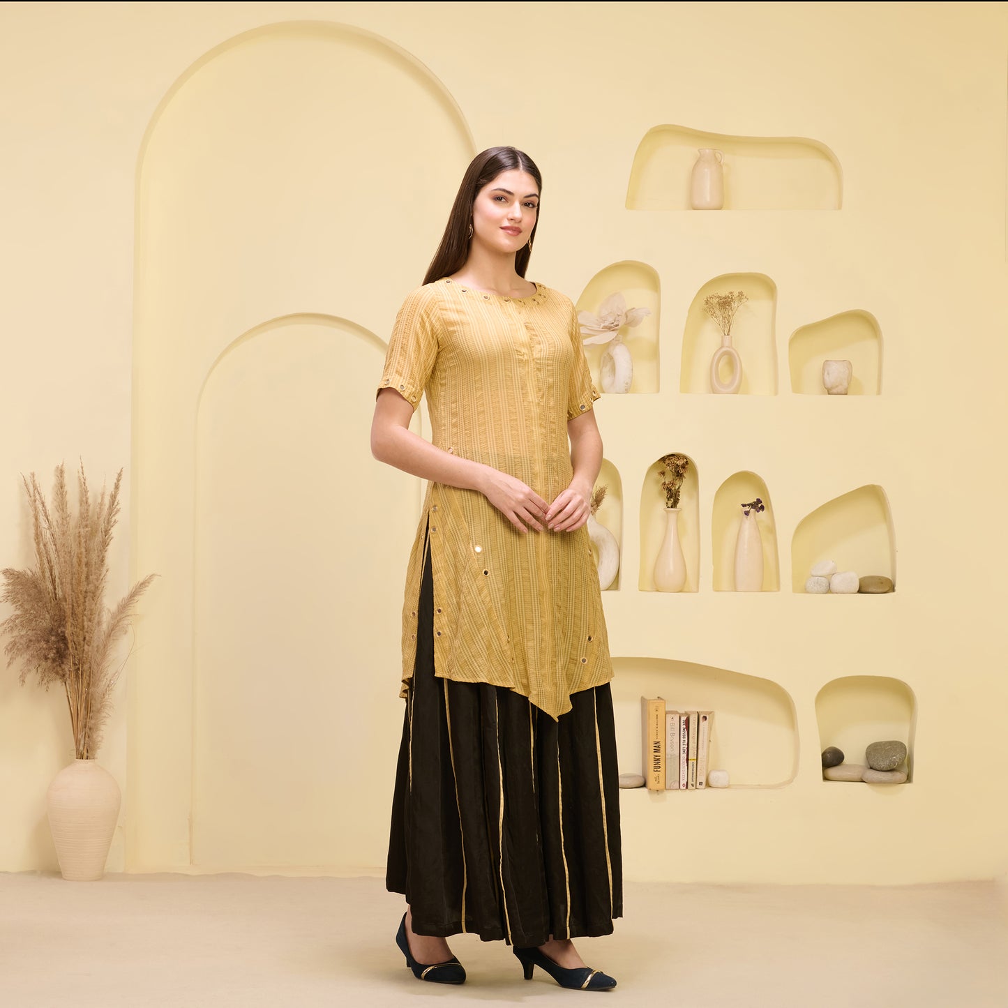 Golden and Black Mirror Hand Embroidered Asymmetric Kurta and Wide Leg Pleated Palazzo Set