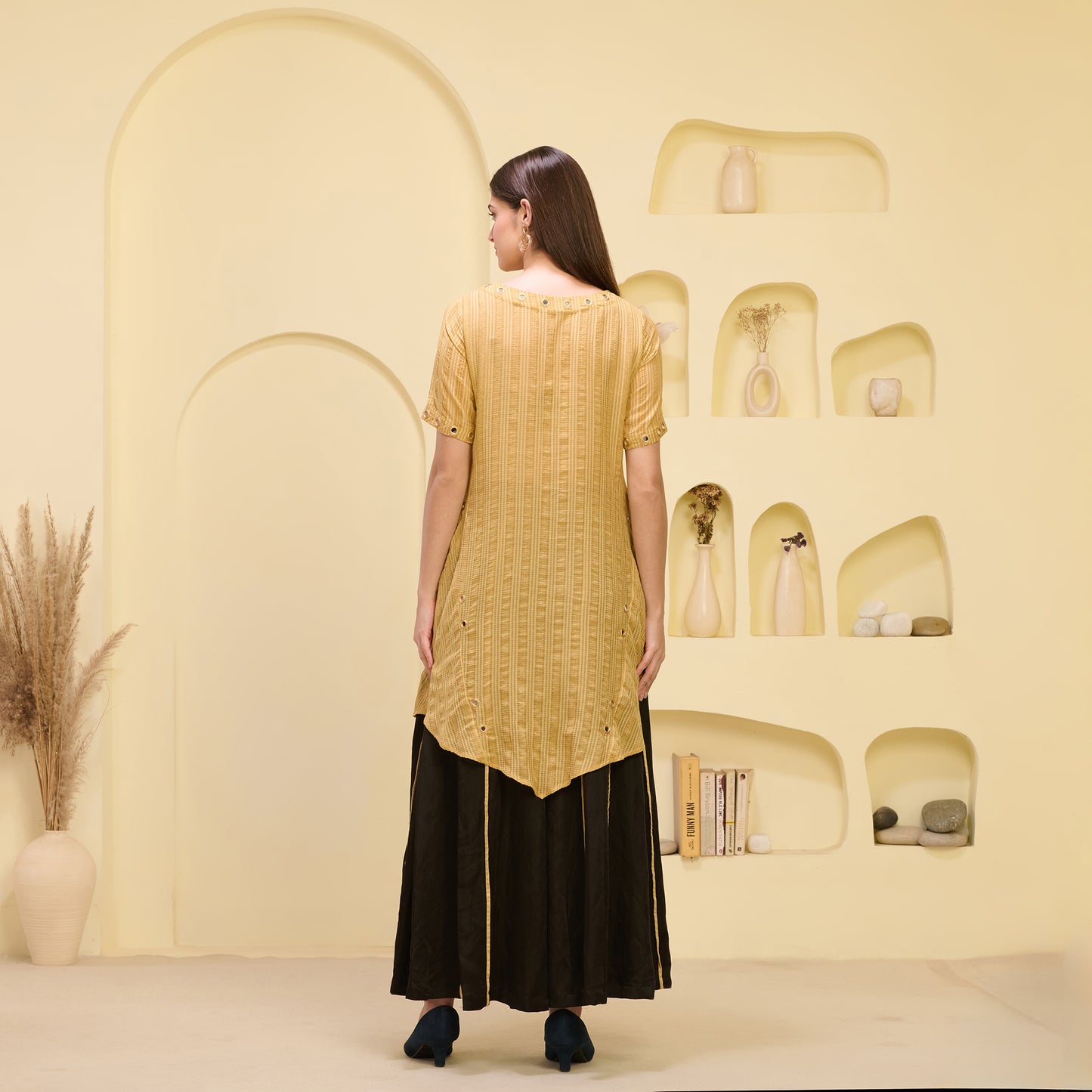 Golden and Black Mirror Hand Embroidered Asymmetric Kurta and Wide Leg Pleated Palazzo Set