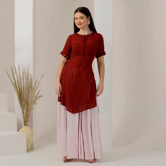 Pink and Red Mirror Hand Embroidered Asymmetric Kurta and Wide Leg Pleated Palazzo Set