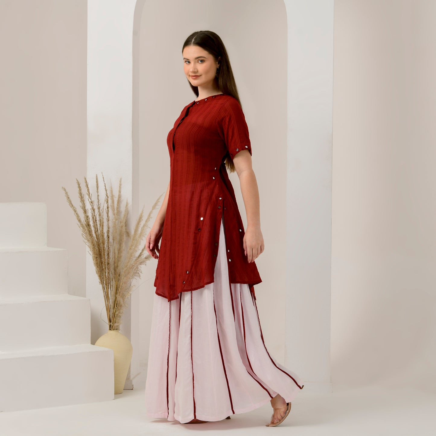 Pink and Red Mirror Hand Embroidered Asymmetric Kurta and Wide Leg Pleated Palazzo Set