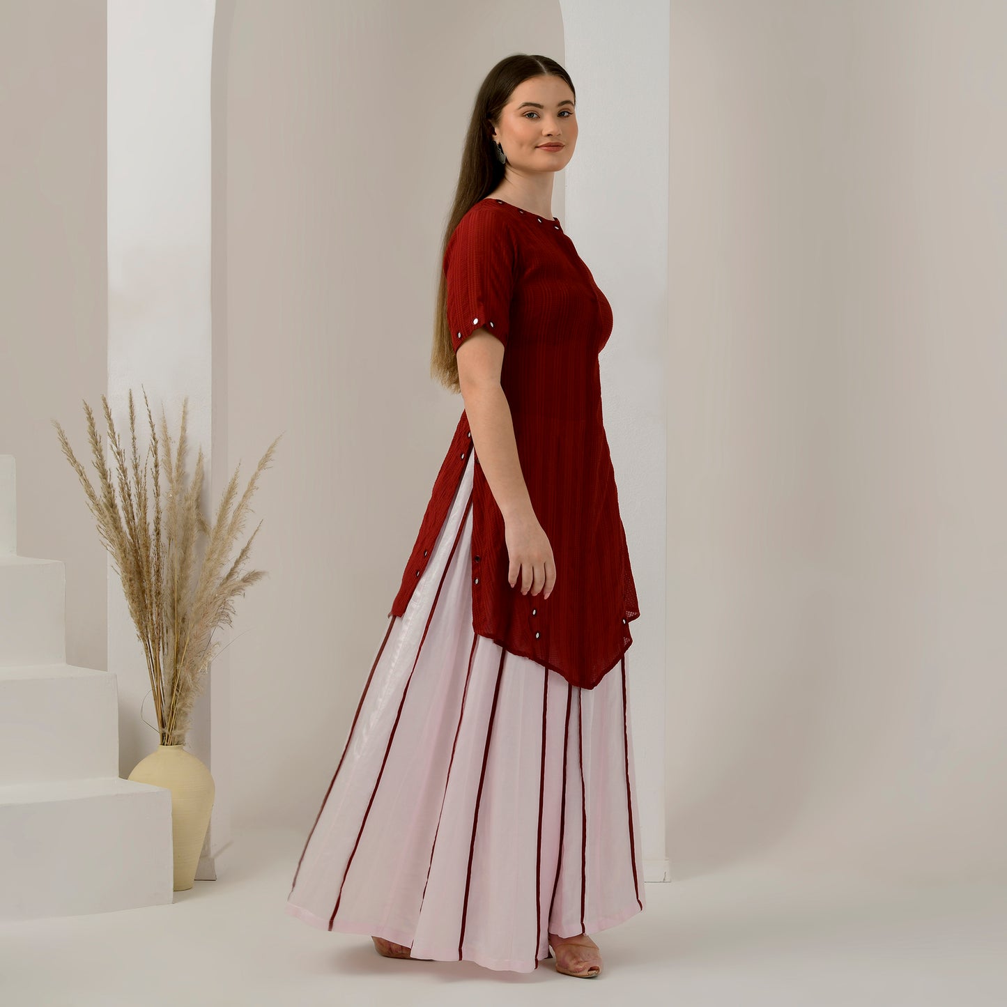 Pink and Red Mirror Hand Embroidered Asymmetric Kurta and Wide Leg Pleated Palazzo Set