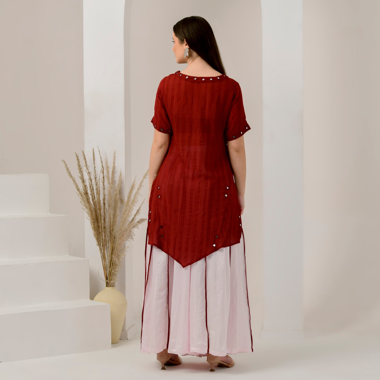 Pink and Red Mirror Hand Embroidered Asymmetric Kurta and Wide Leg Pleated Palazzo Set