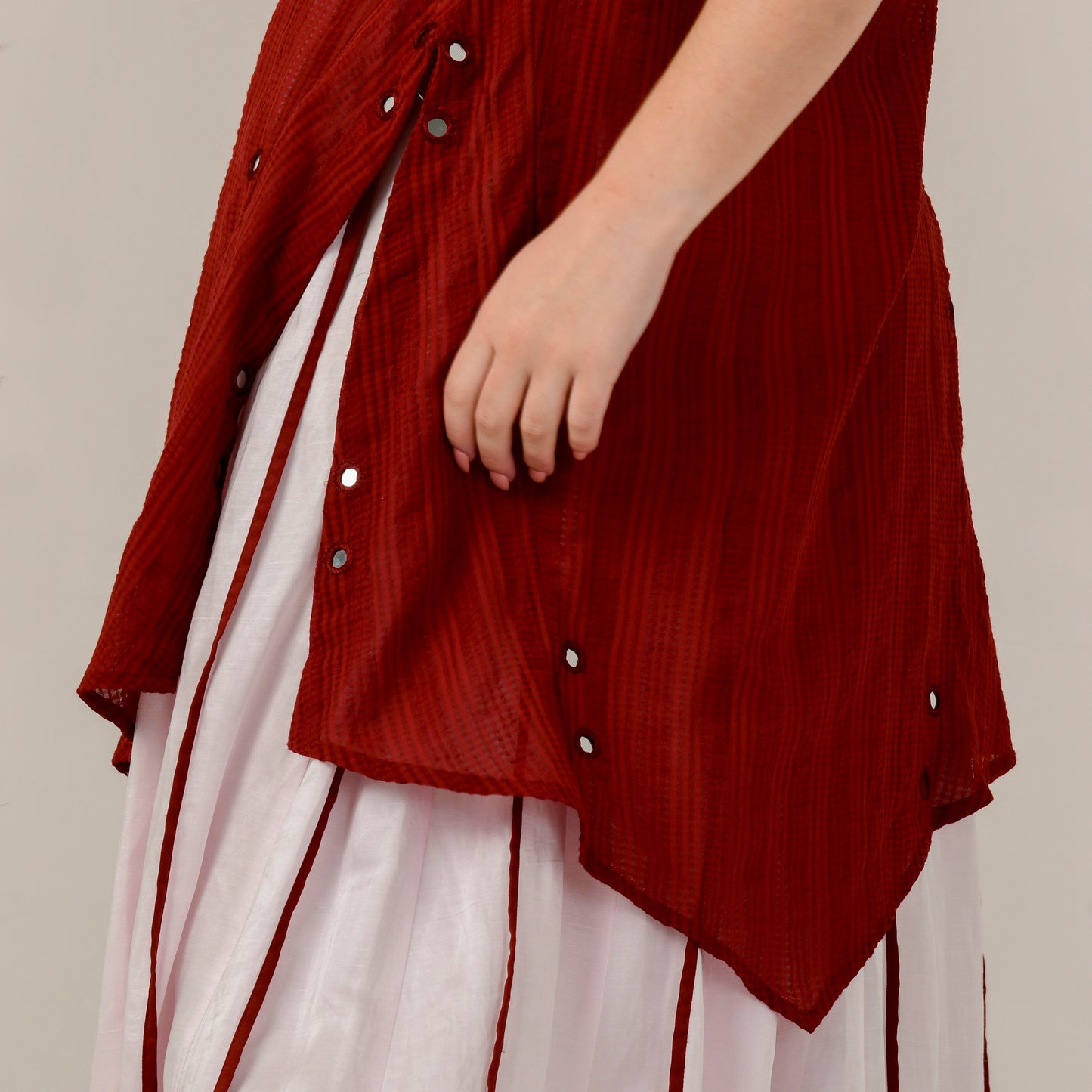 Pink and Red Mirror Hand Embroidered Asymmetric Kurta and Wide Leg Pleated Palazzo Set