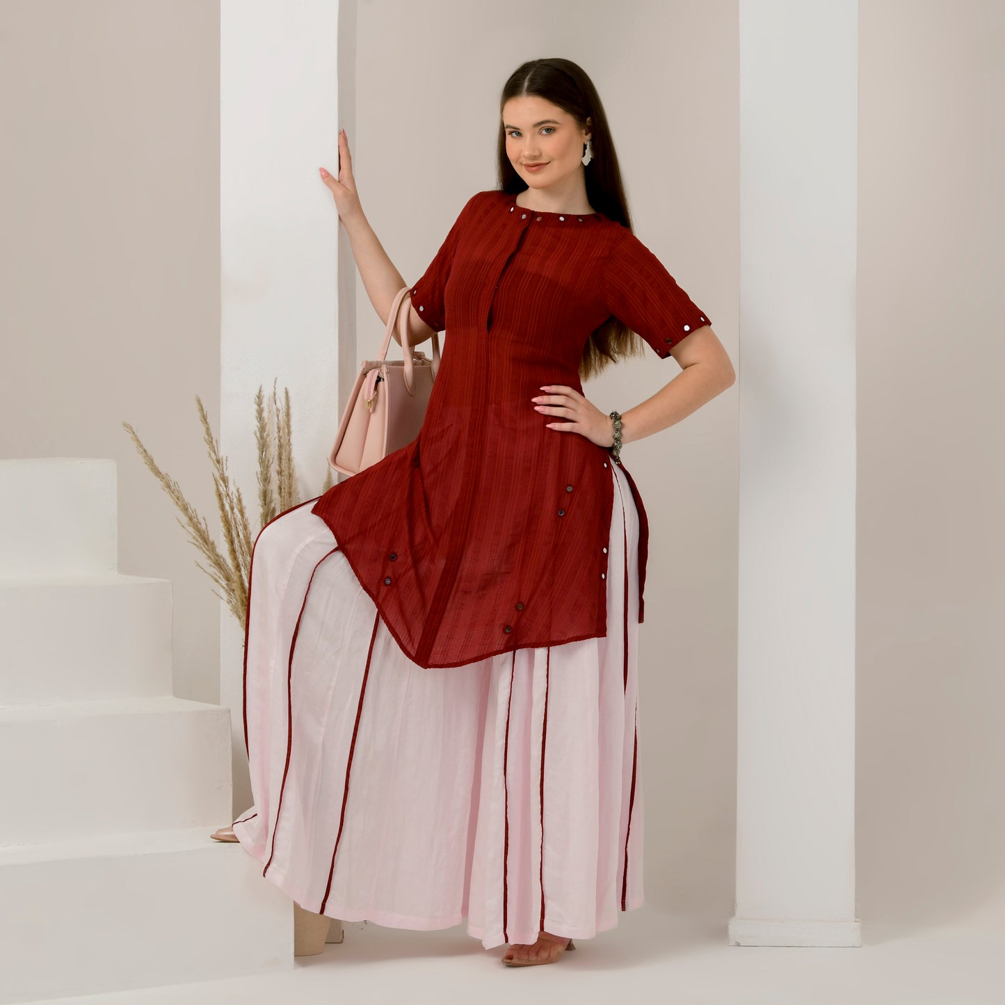 Pink and Red Mirror Hand Embroidered Asymmetric Kurta and Wide Leg Pleated Palazzo Set