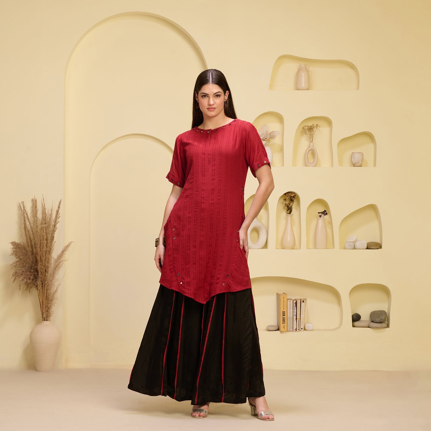 Red and Black Mirror Hand Embroidered Asymmetric Kurta and Wide Leg Pleated Palazzo Set