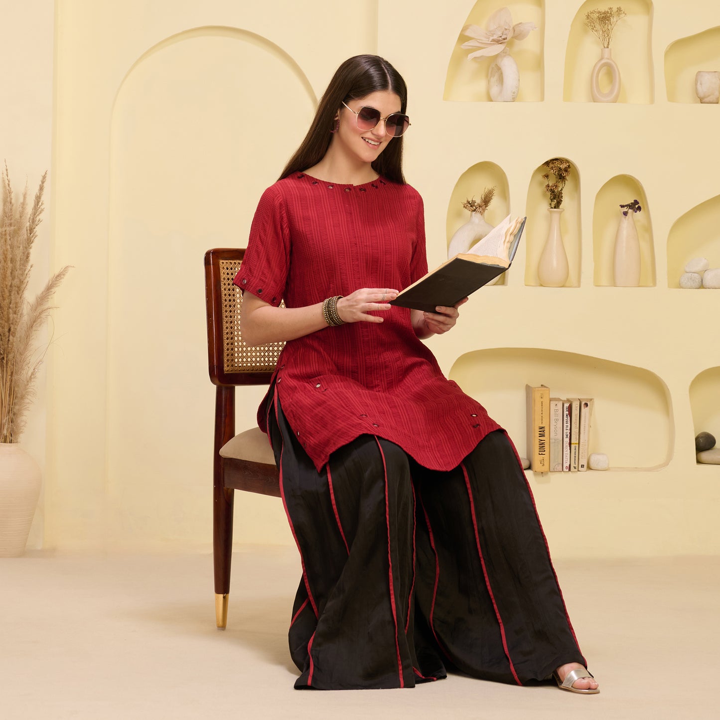 Red and Black Mirror Hand Embroidered Asymmetric Kurta and Wide Leg Pleated Palazzo Set