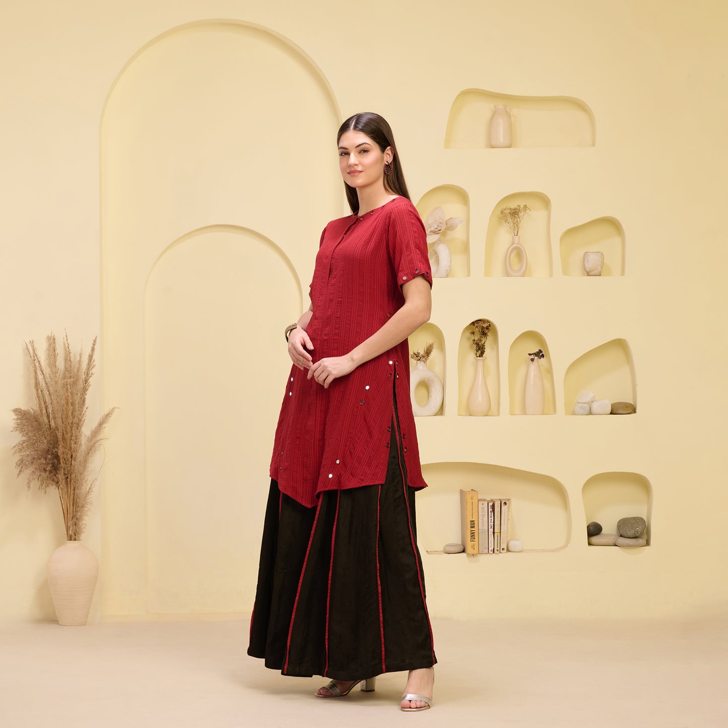 Red and Black Mirror Hand Embroidered Asymmetric Kurta and Wide Leg Pleated Palazzo Set