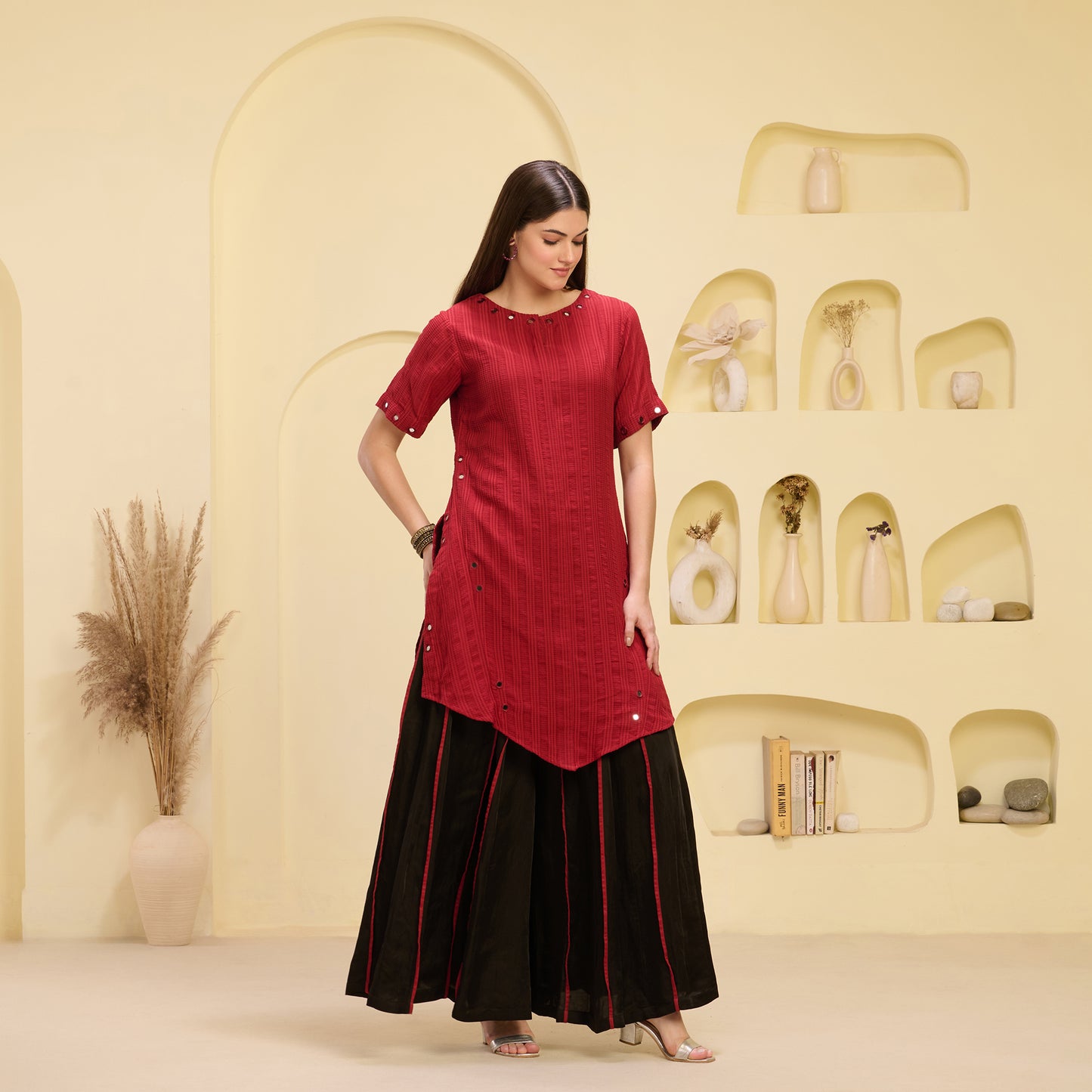 Red and Black Mirror Hand Embroidered Asymmetric Kurta and Wide Leg Pleated Palazzo Set