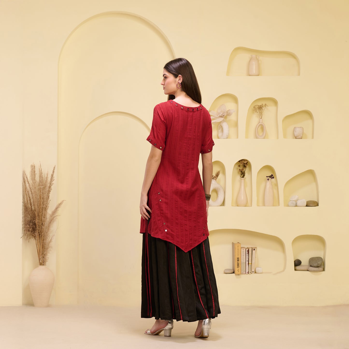 Red and Black Mirror Hand Embroidered Asymmetric Kurta and Wide Leg Pleated Palazzo Set