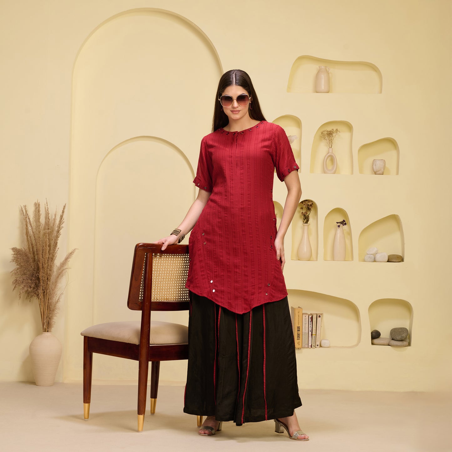 Red and Black Mirror Hand Embroidered Asymmetric Kurta and Wide Leg Pleated Palazzo Set