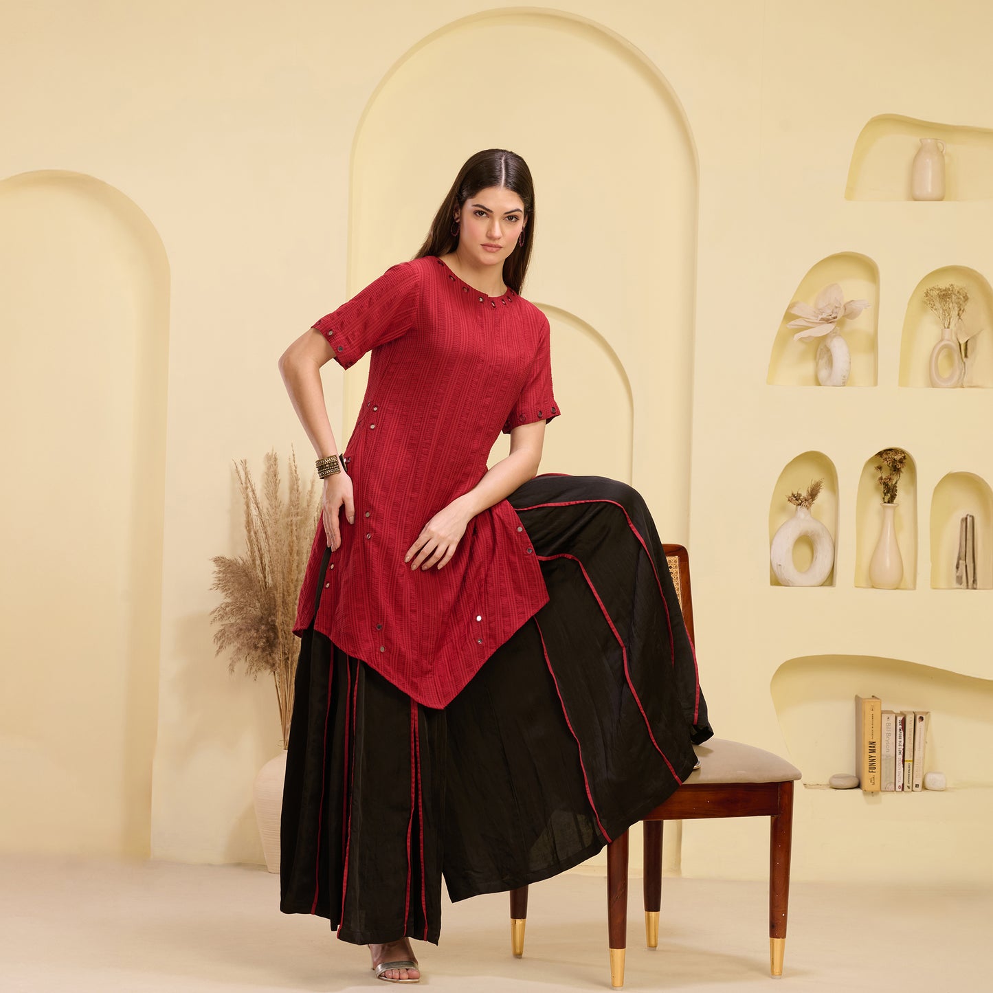 Red and Black Mirror Hand Embroidered Asymmetric Kurta and Wide Leg Pleated Palazzo Set