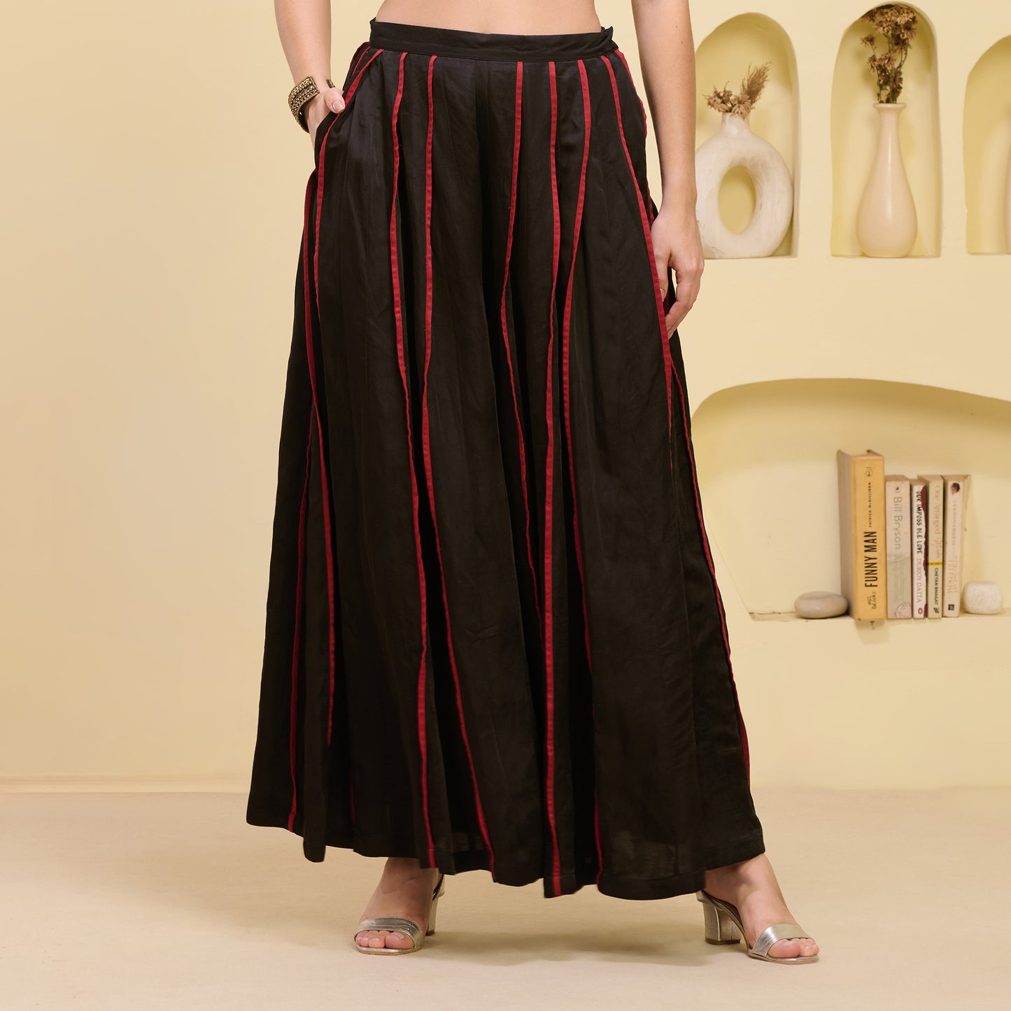 Red and Black Mirror Hand Embroidered Asymmetric Kurta and Wide Leg Pleated Palazzo Set