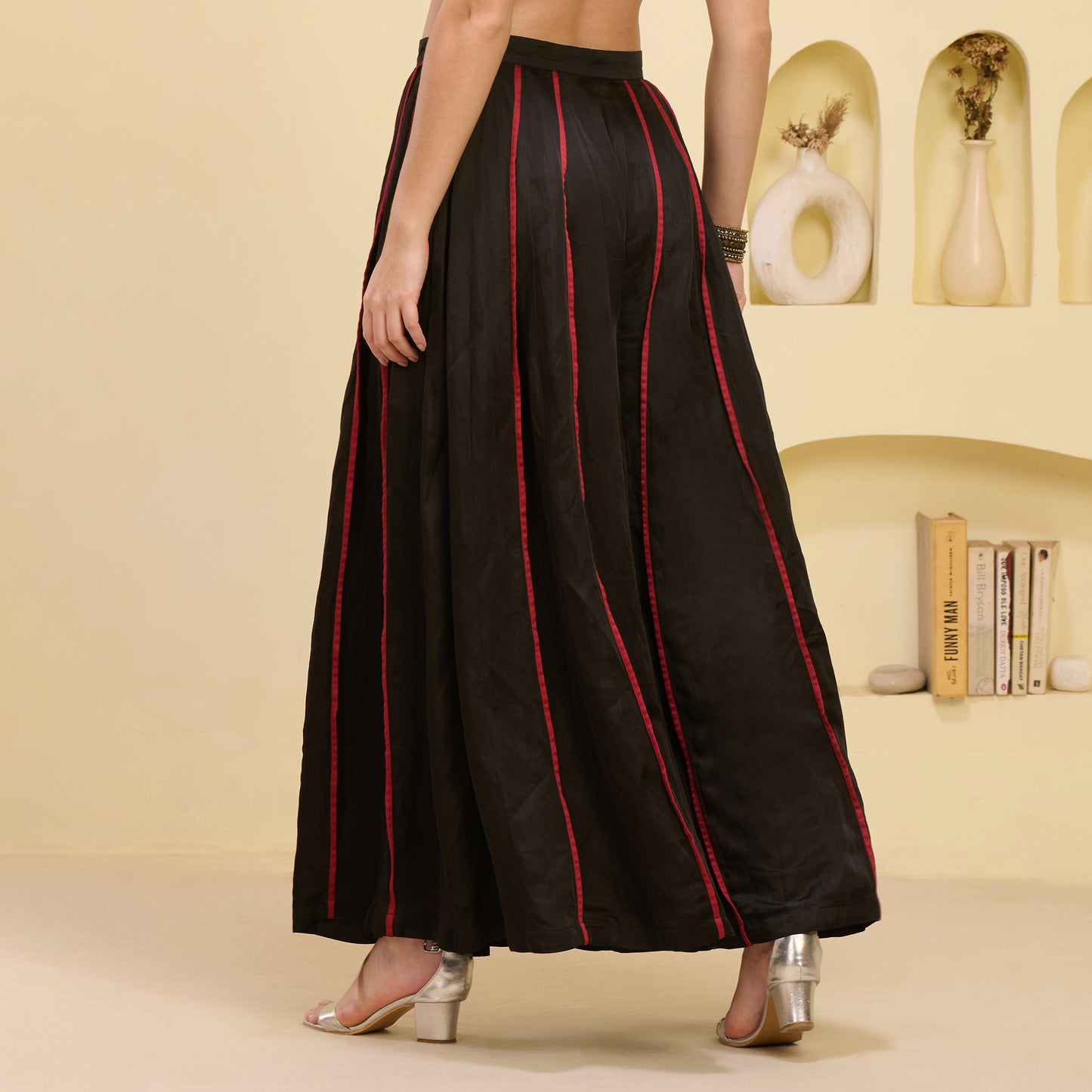 Red and Black Mirror Hand Embroidered Asymmetric Kurta and Wide Leg Pleated Palazzo Set