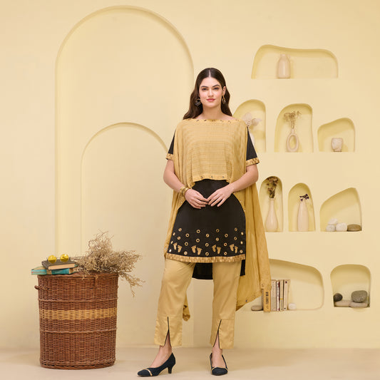 Golden and Black Hand Embroidered Asymmetric Cover-Up with High-Low Kurta and Straight Trouser Set