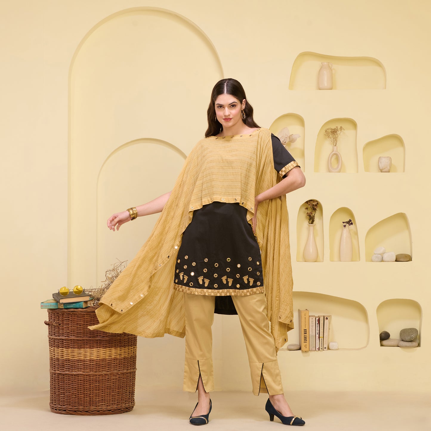 Golden and Black Hand Embroidered Asymmetric Cover-Up with High-Low Kurta and Straight Trouser Set