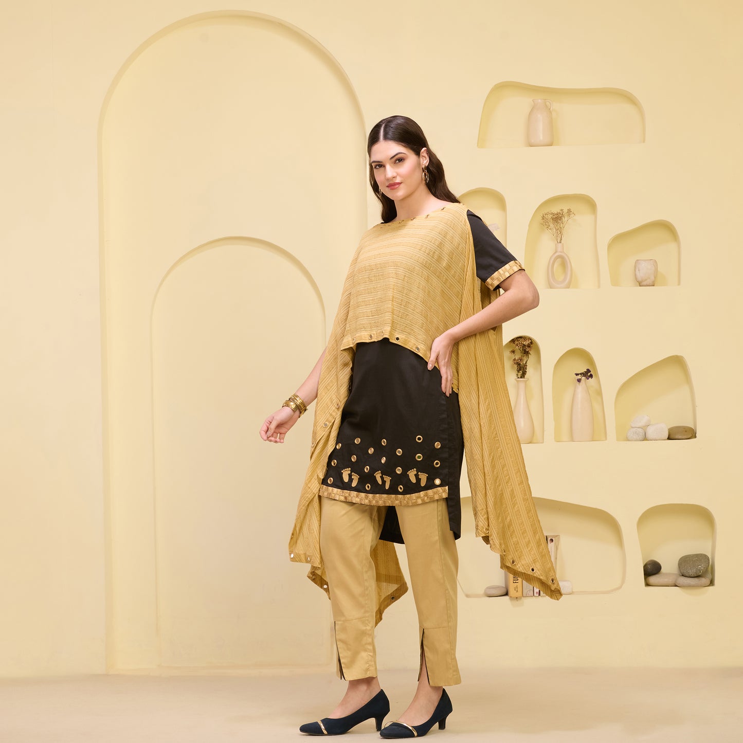 Golden and Black Hand Embroidered Asymmetric Cover-Up with High-Low Kurta and Straight Trouser Set