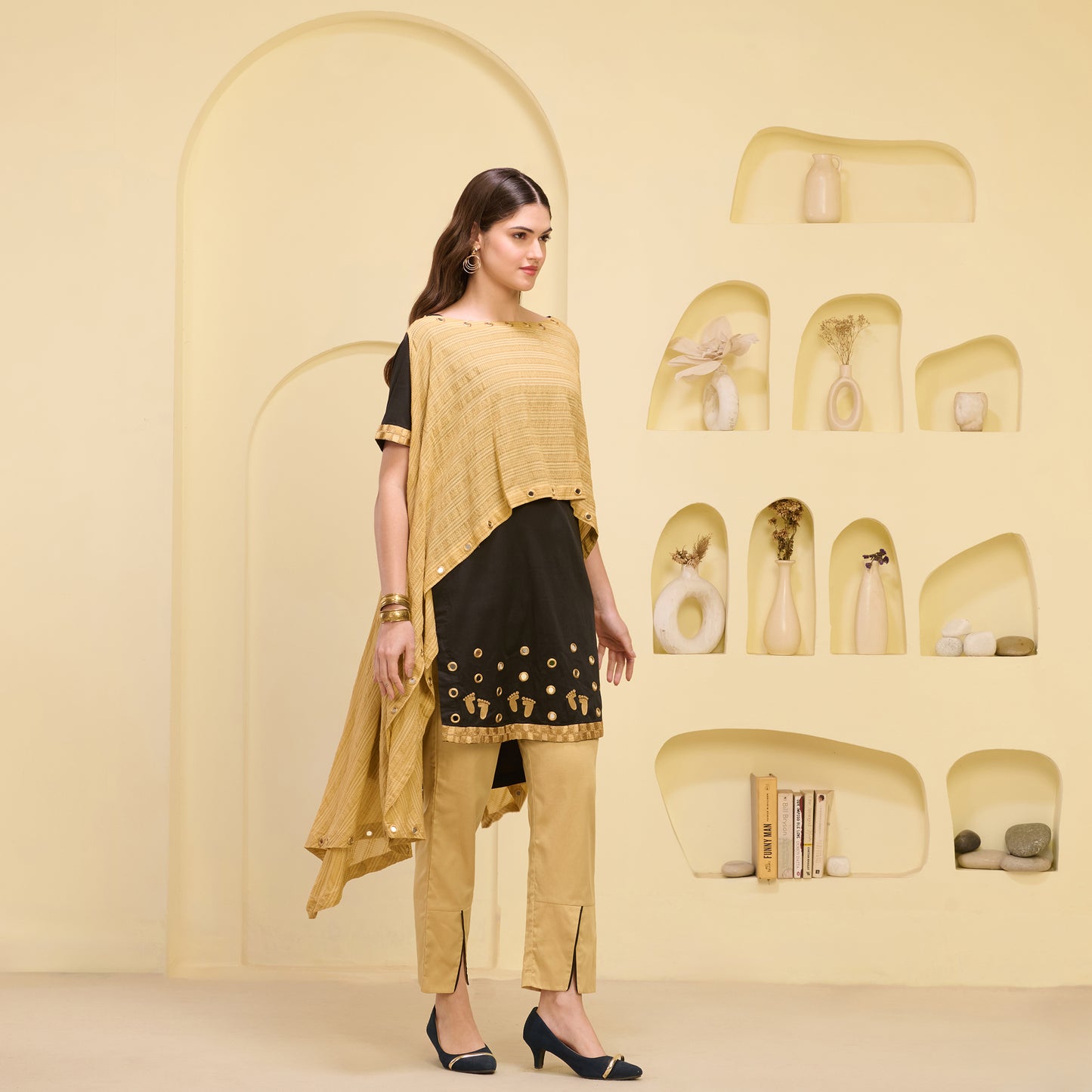 Golden and Black Hand Embroidered Asymmetric Cover-Up with High-Low Kurta and Straight Trouser Set