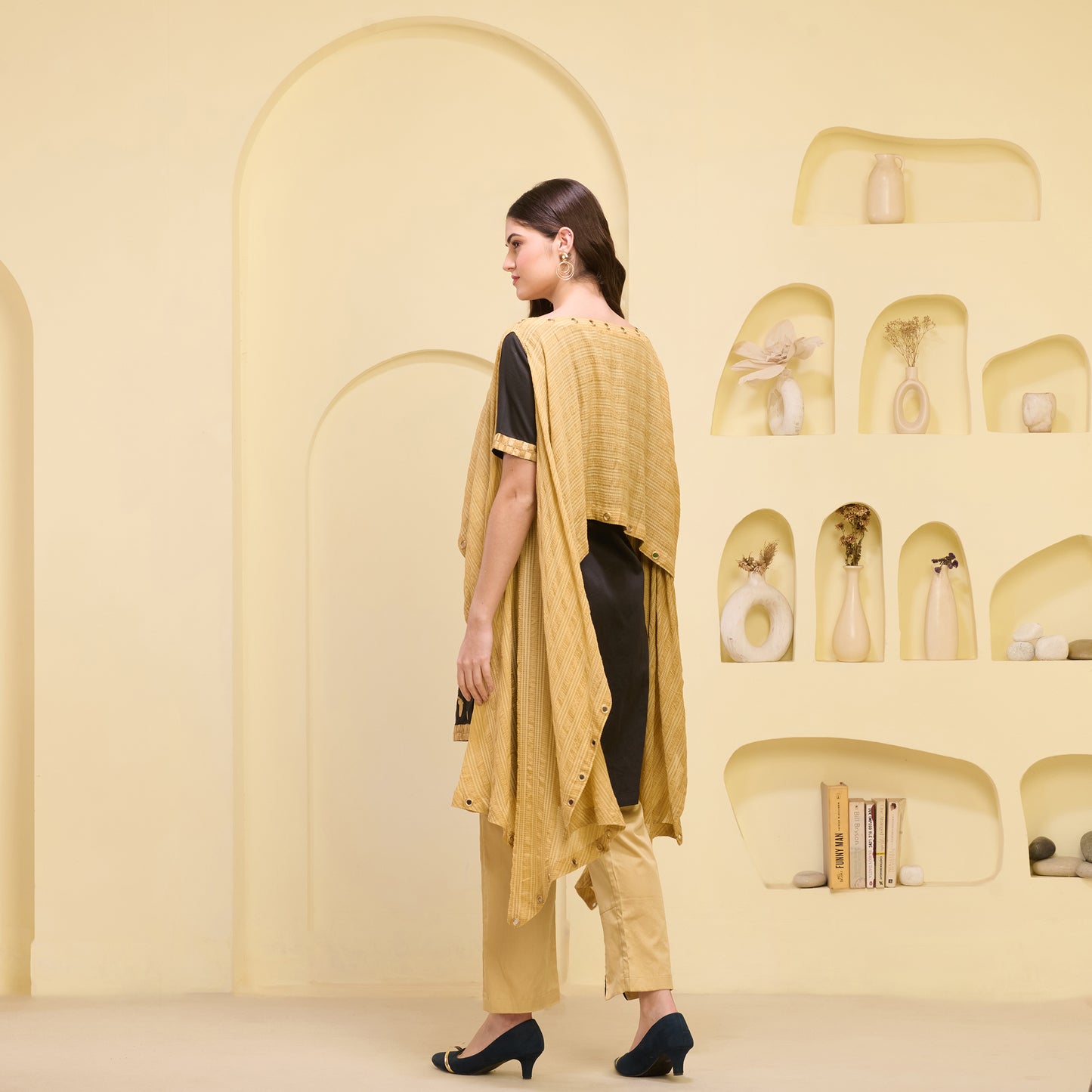 Golden and Black Hand Embroidered Asymmetric Cover-Up with High-Low Kurta and Straight Trouser Set