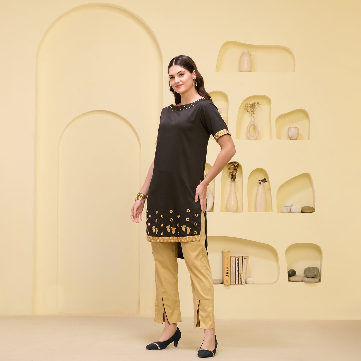 Golden and Black Hand Embroidered Asymmetric Cover-Up with High-Low Kurta and Straight Trouser Set