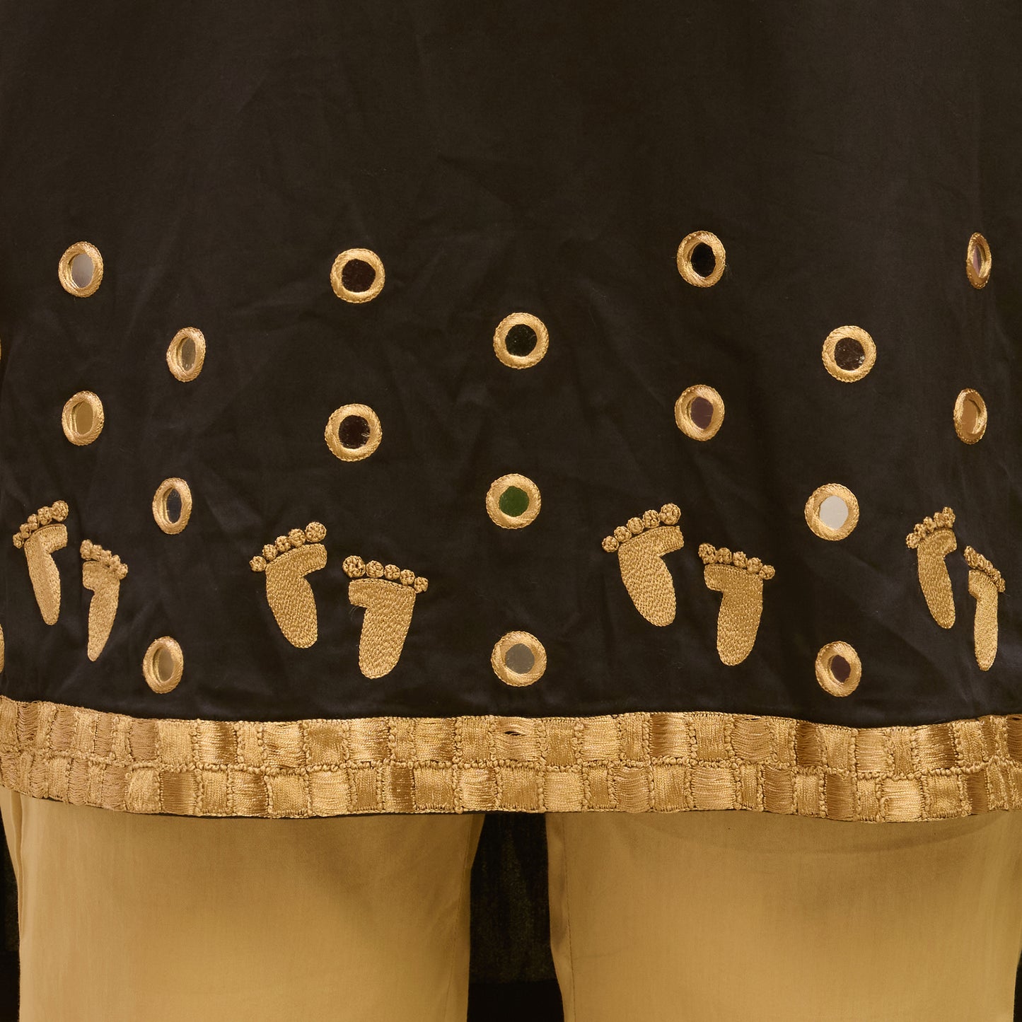 Golden and Black Hand Embroidered Asymmetric Cover-Up with High-Low Kurta and Straight Trouser Set