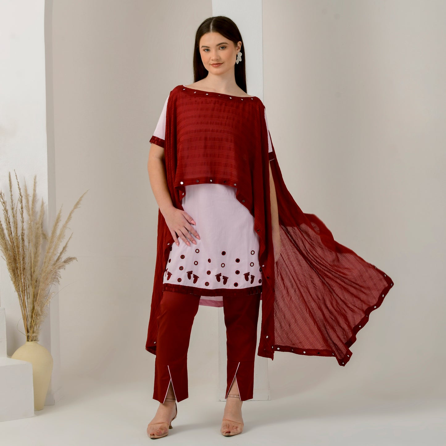 Pink and Red Hand Embroidered Asymmetric Cover-Up with High-Low Kurta and Straight Trouser Set