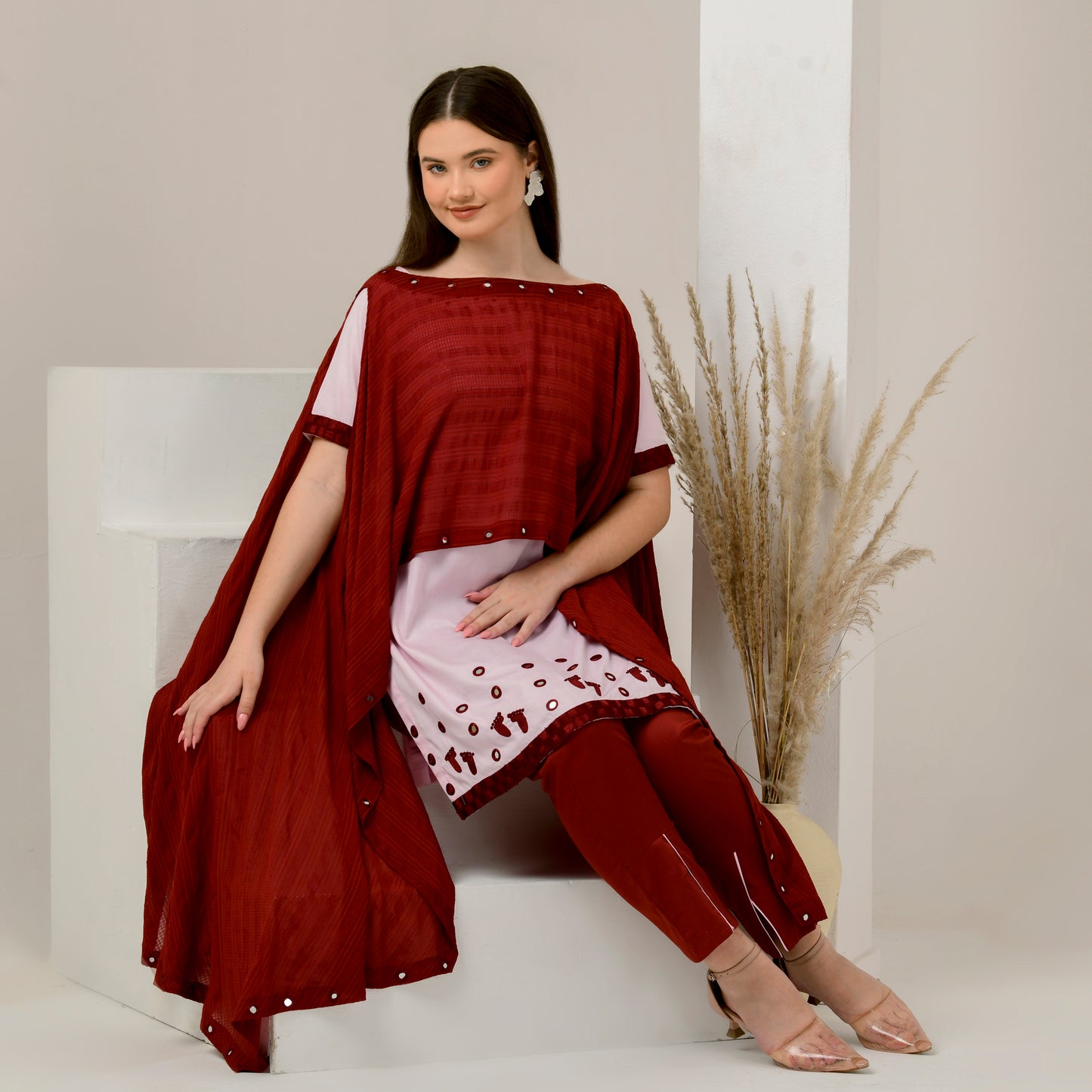 Pink and Red Hand Embroidered Asymmetric Cover-Up with High-Low Kurta and Straight Trouser Set