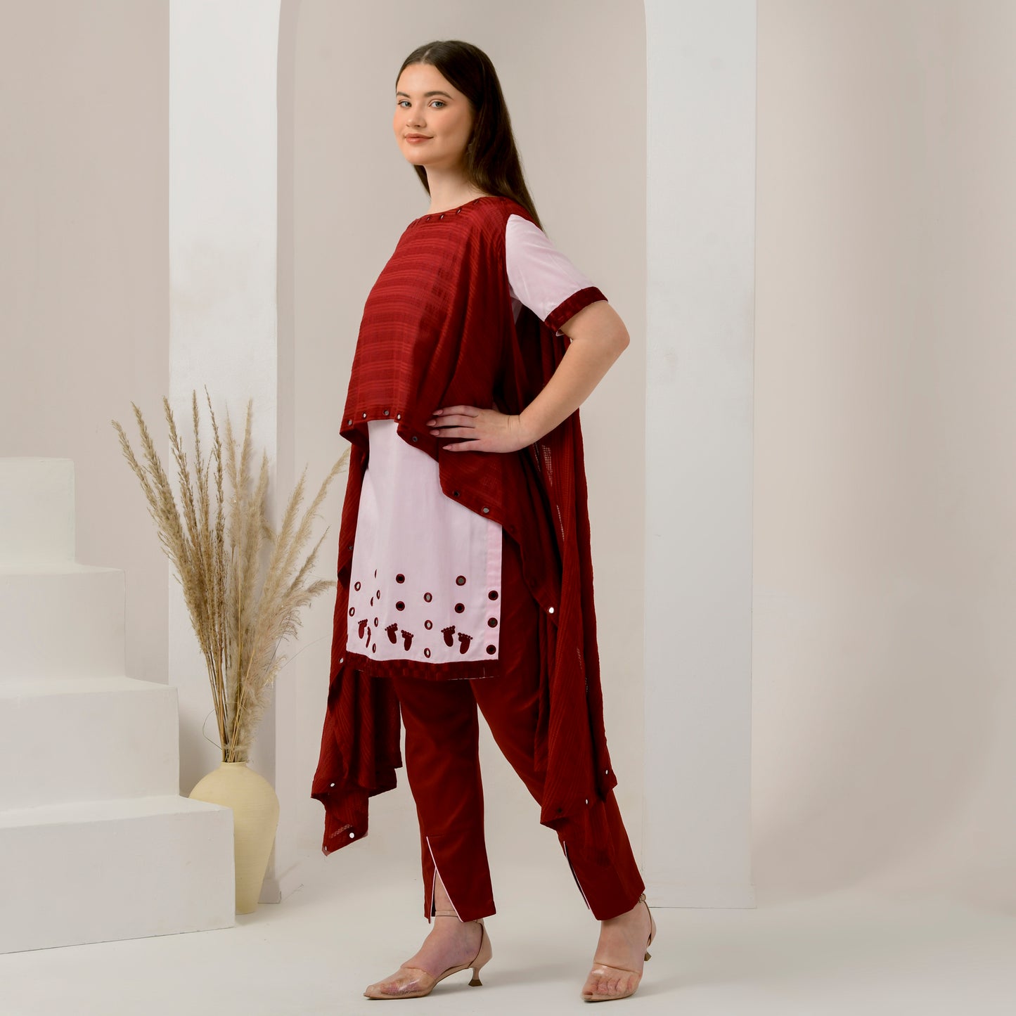 Pink and Red Hand Embroidered Asymmetric Cover-Up with High-Low Kurta and Straight Trouser Set