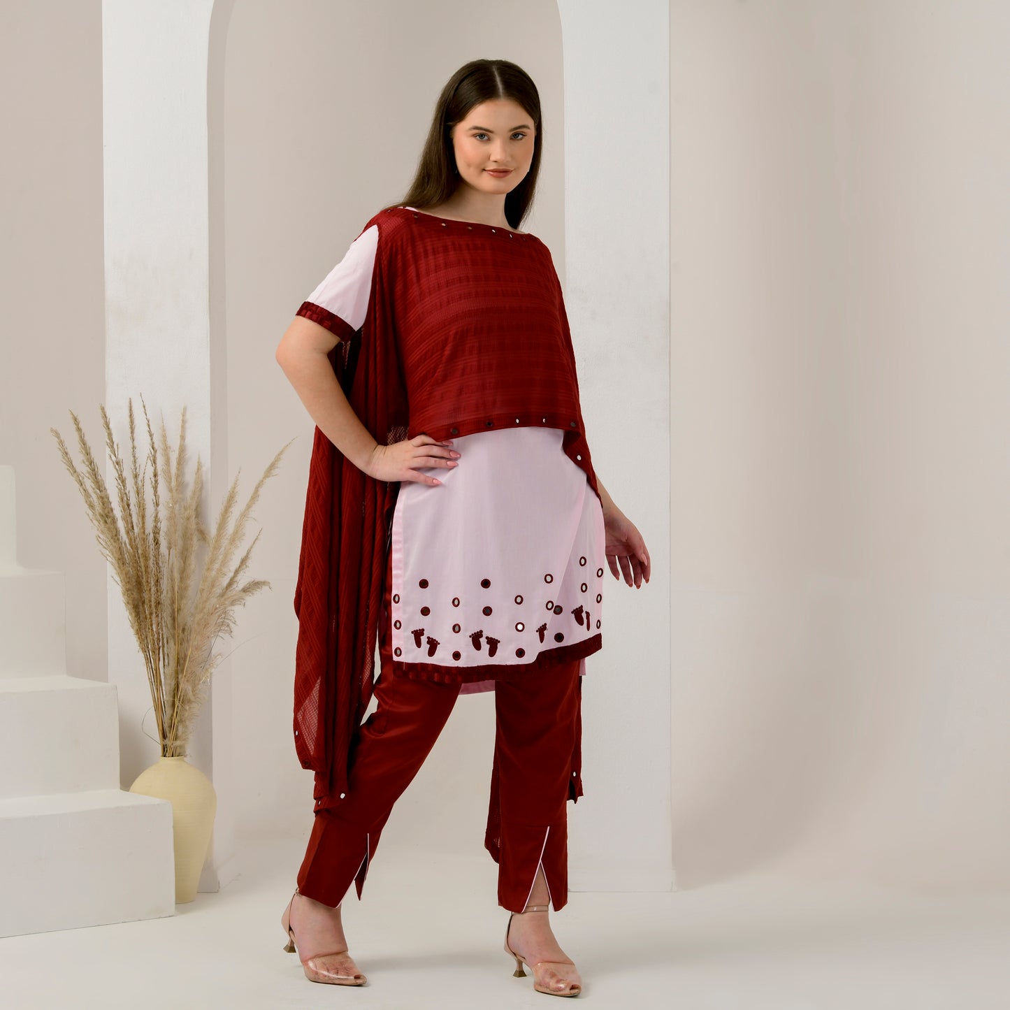 Pink and Red Hand Embroidered Asymmetric Cover-Up with High-Low Kurta and Straight Trouser Set