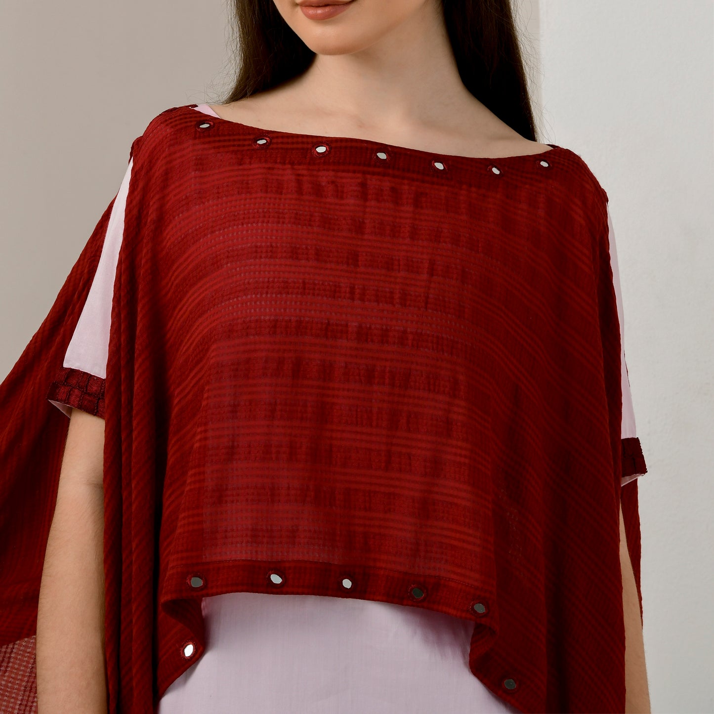 Pink and Red Hand Embroidered Asymmetric Cover-Up with High-Low Kurta and Straight Trouser Set