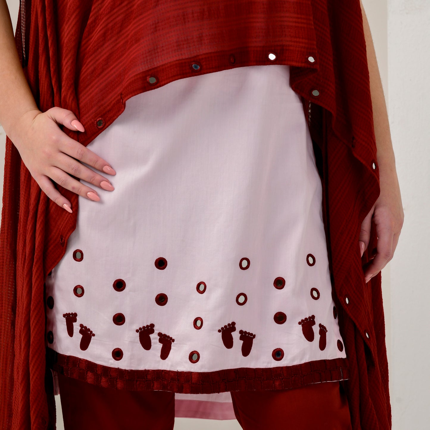 Pink and Red Hand Embroidered Asymmetric Cover-Up with High-Low Kurta and Straight Trouser Set