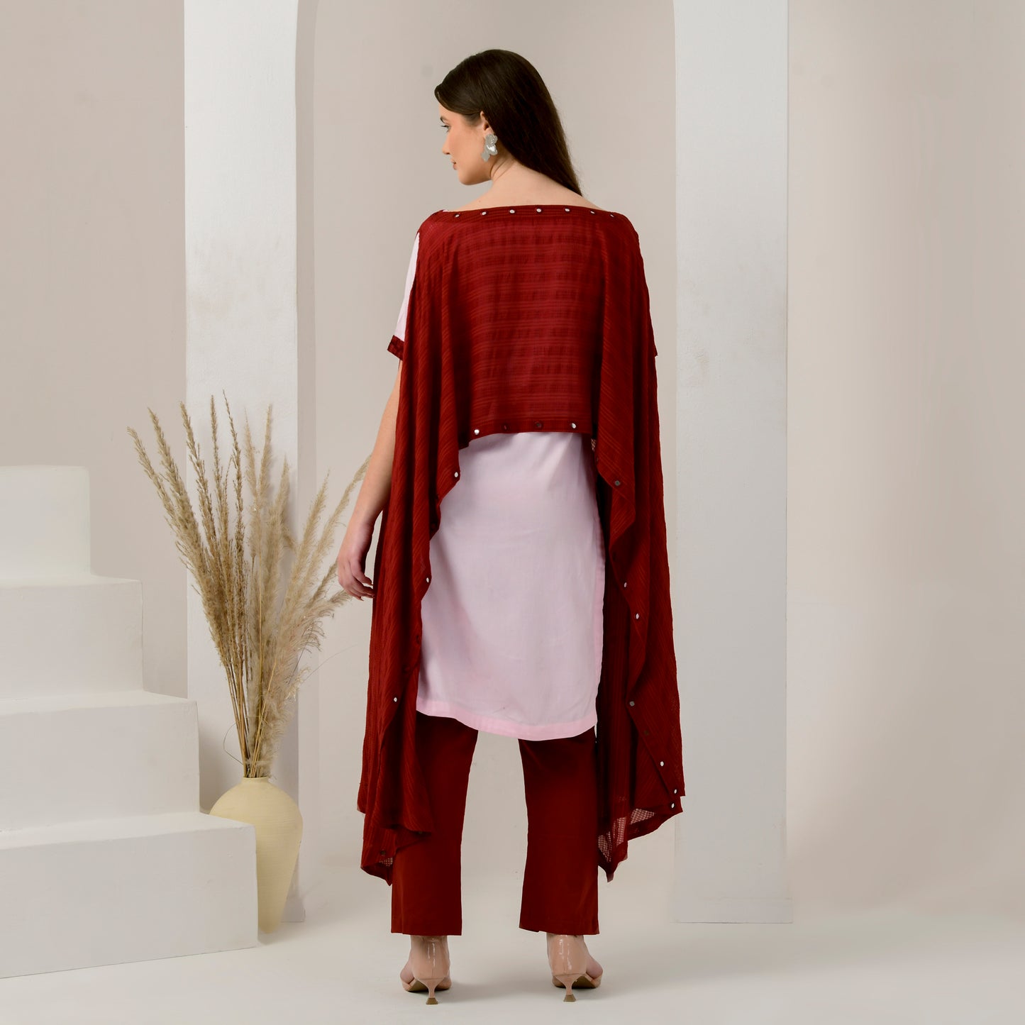 Pink and Red Hand Embroidered Asymmetric Cover-Up with High-Low Kurta and Straight Trouser Set