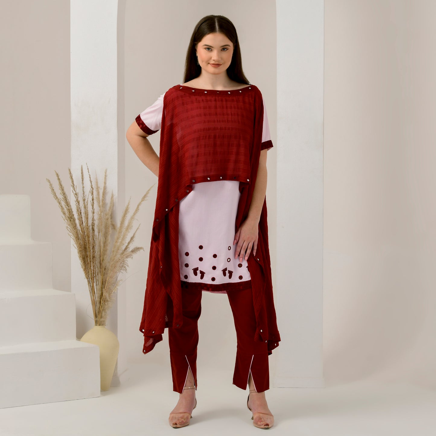 Pink and Red Hand Embroidered Asymmetric Cover-Up with High-Low Kurta and Straight Trouser Set