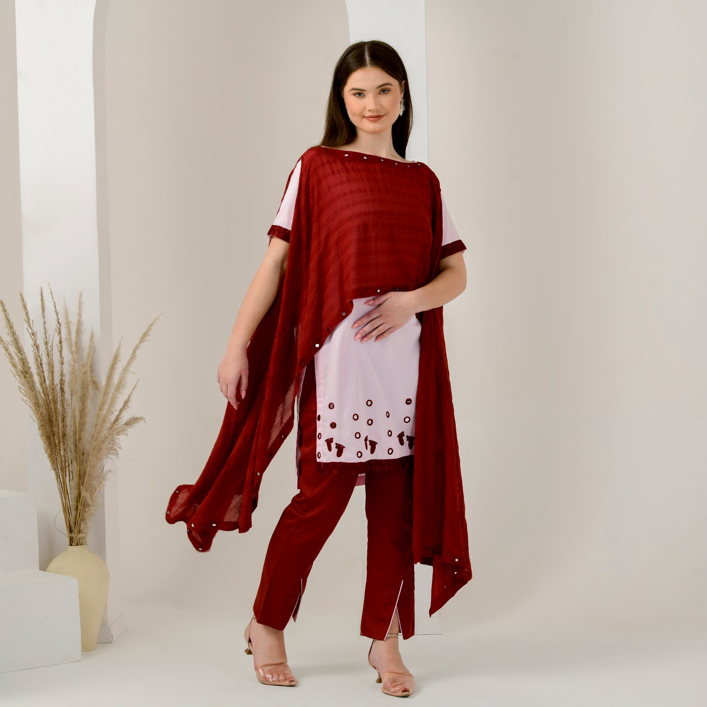 Pink and Red Hand Embroidered Asymmetric Cover-Up with High-Low Kurta and Straight Trouser Set