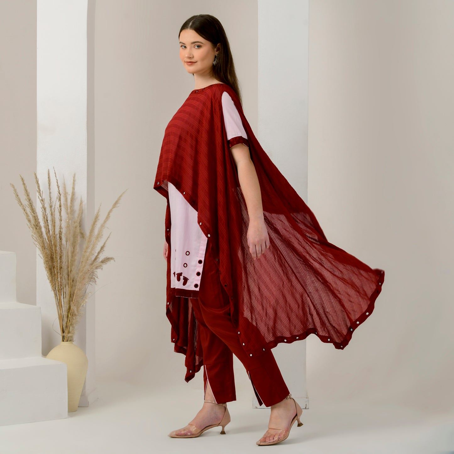 Pink and Red Hand Embroidered Asymmetric Cover-Up with High-Low Kurta and Straight Trouser Set