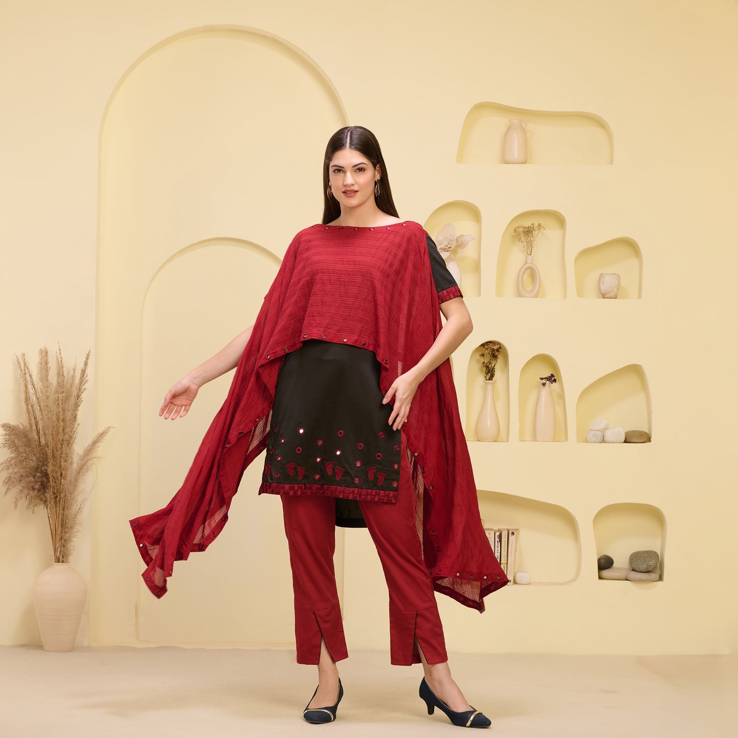 Red and Black Hand Embroidered Asymmetric Cover-Up with High-Low Kurta and Straight Trouser Set