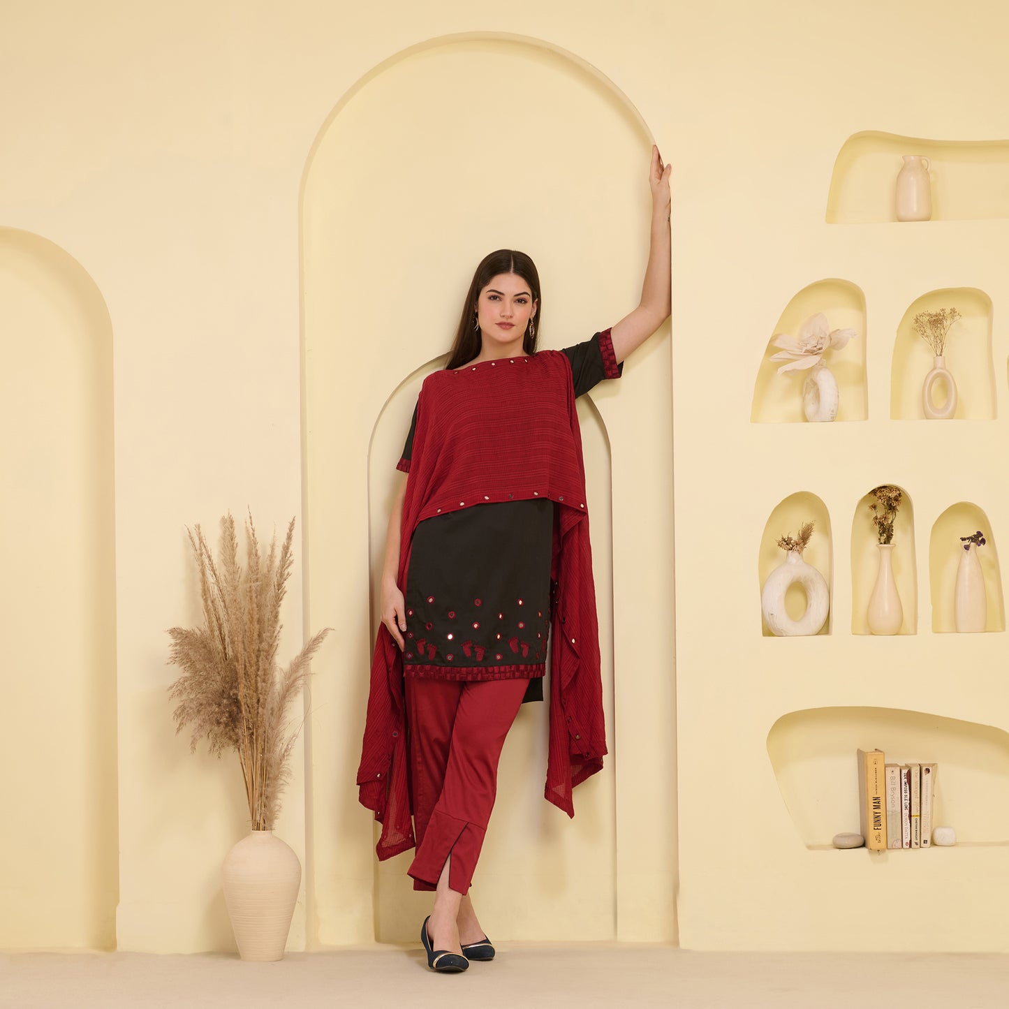 Red and Black Hand Embroidered Asymmetric Cover-Up with High-Low Kurta and Straight Trouser Set