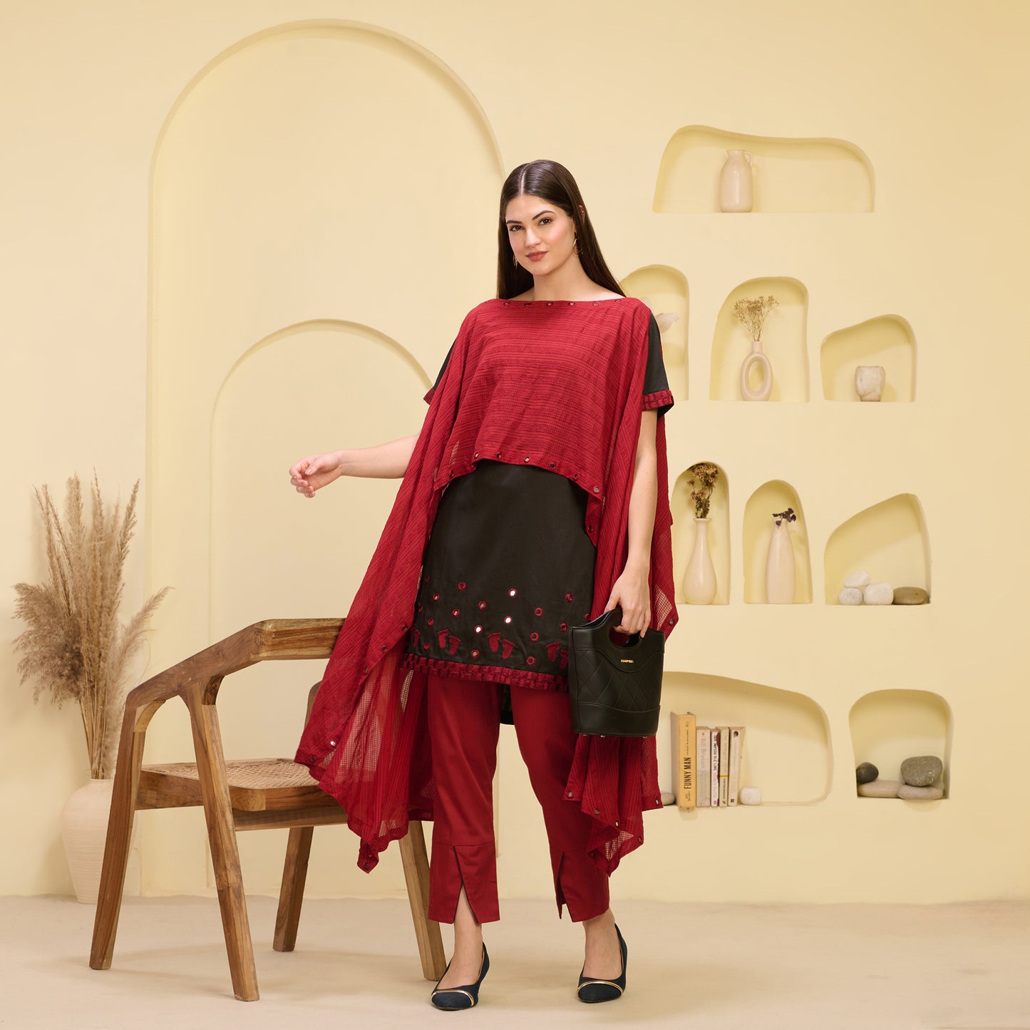 Red and Black Hand Embroidered Asymmetric Cover-Up with High-Low Kurta and Straight Trouser Set