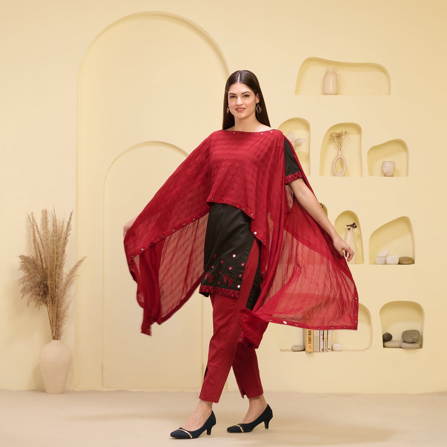 Red and Black Hand Embroidered Asymmetric Cover-Up with High-Low Kurta and Straight Trouser Set