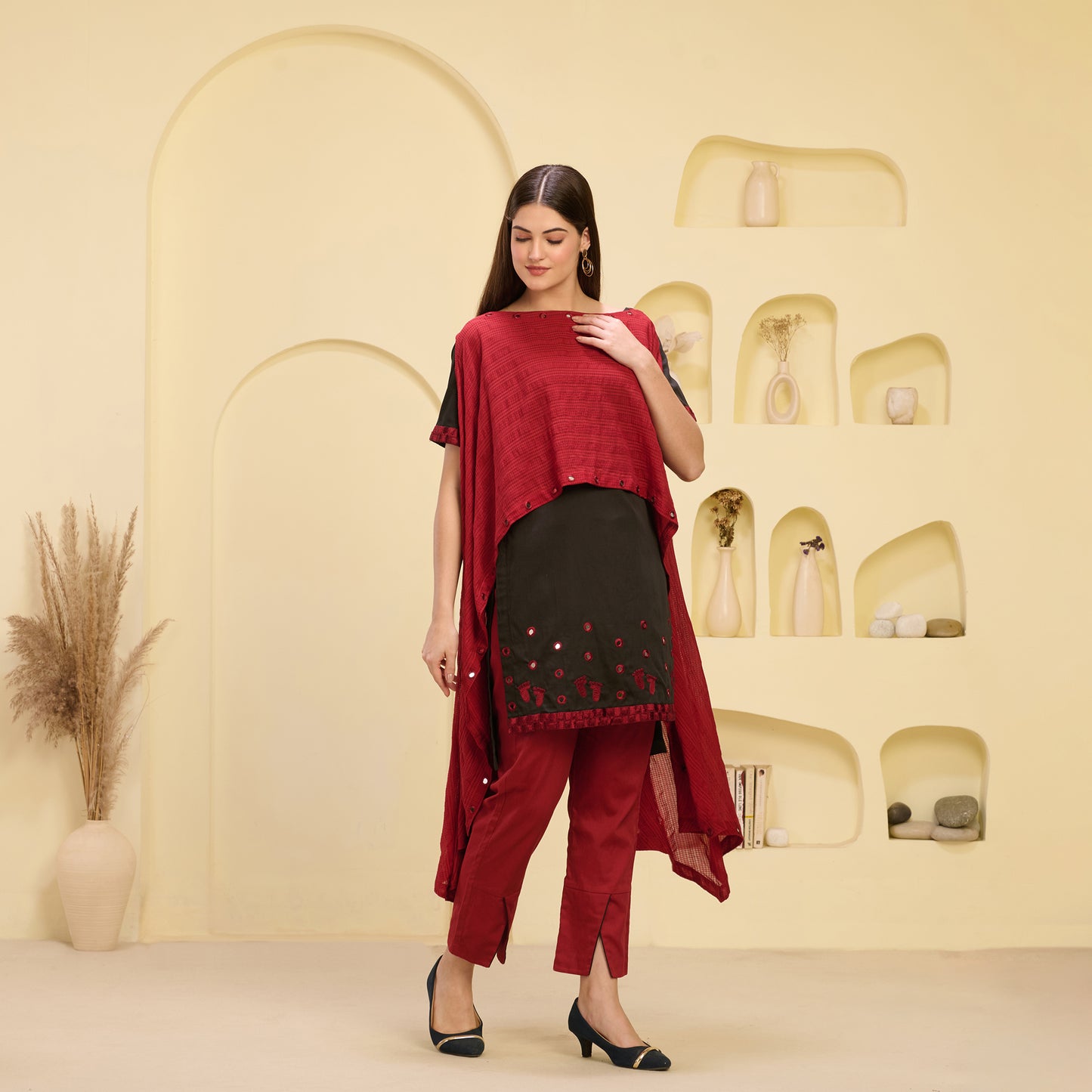 Red and Black Hand Embroidered Asymmetric Cover-Up with High-Low Kurta and Straight Trouser Set