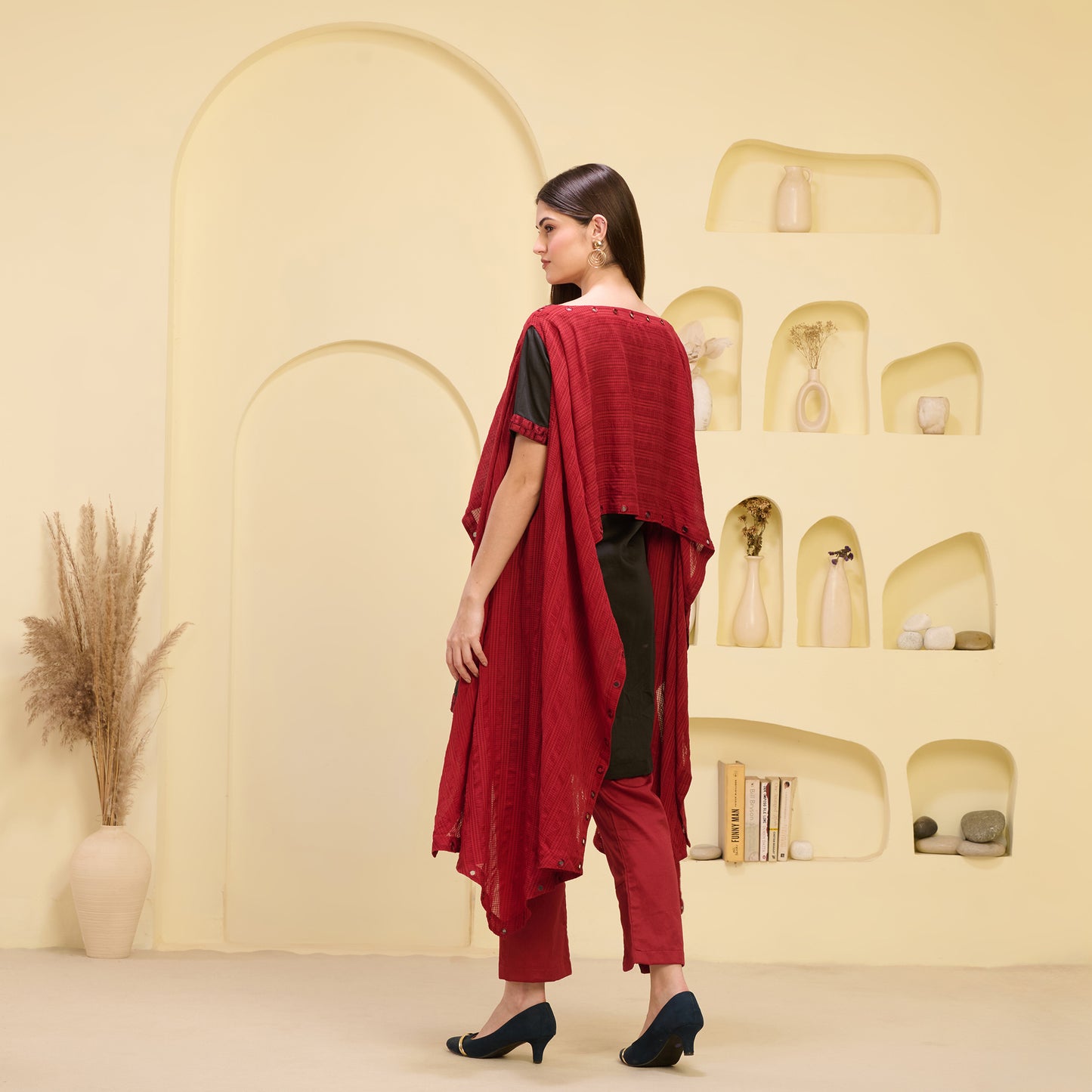 Red and Black Hand Embroidered Asymmetric Cover-Up with High-Low Kurta and Straight Trouser Set