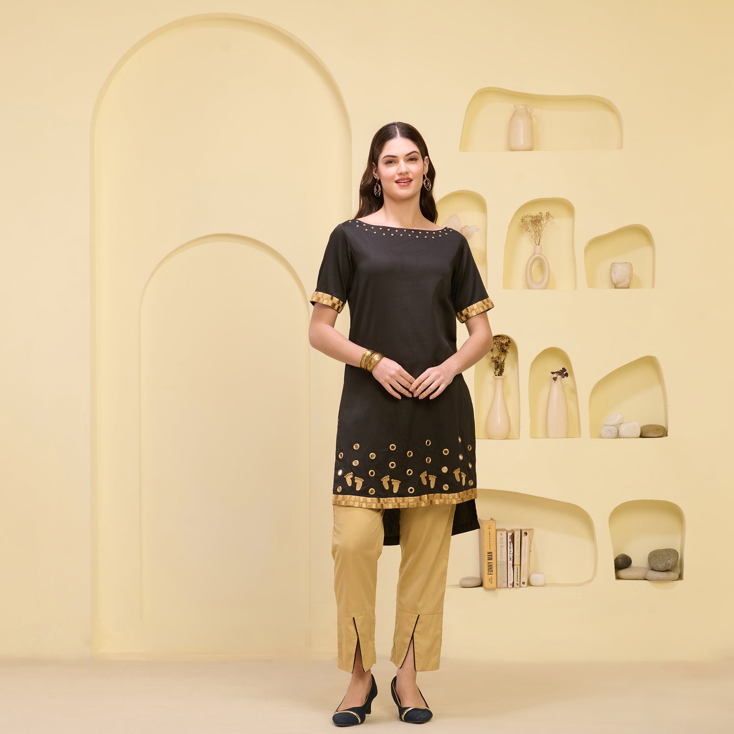 Black and Golden Hand Embroidered High-Low Kurta and Straight Trouser Set