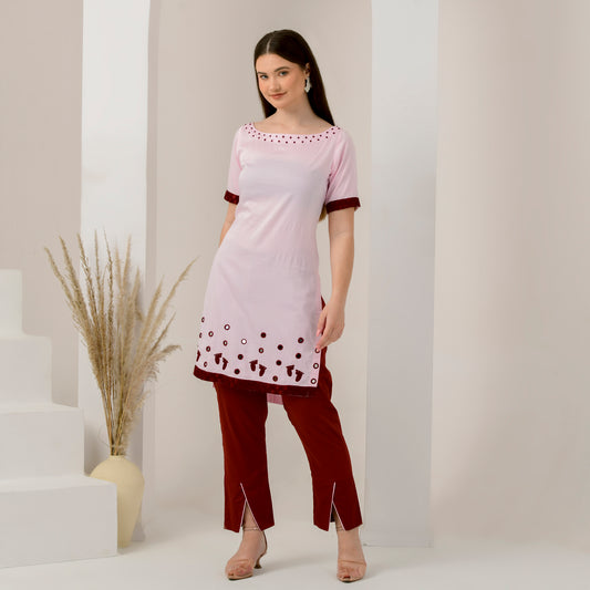 Pink and Red Hand Embroidered High-Low Kurta and Straight Trouser Set