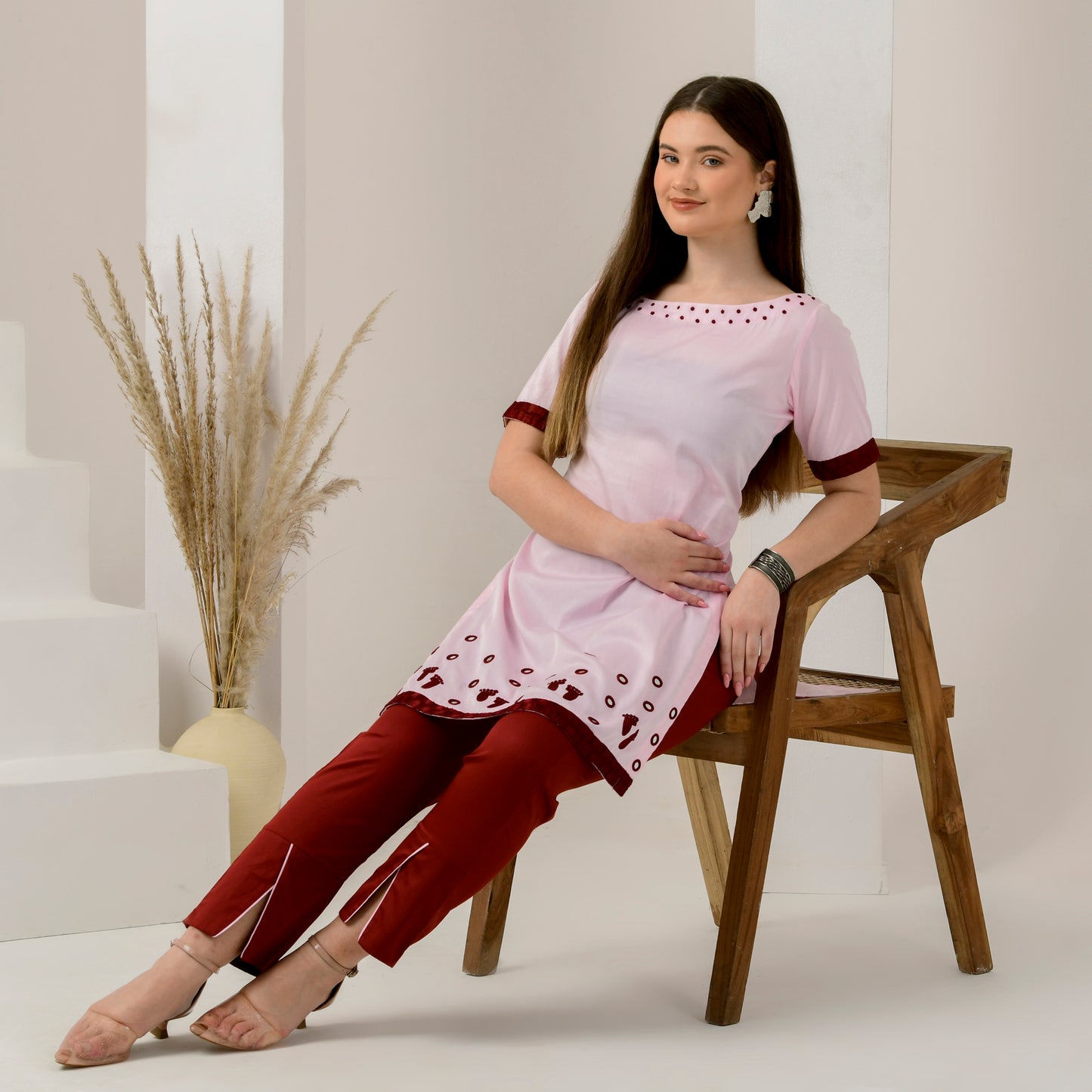 Pink and Red Hand Embroidered High-Low Kurta and Straight Trouser Set